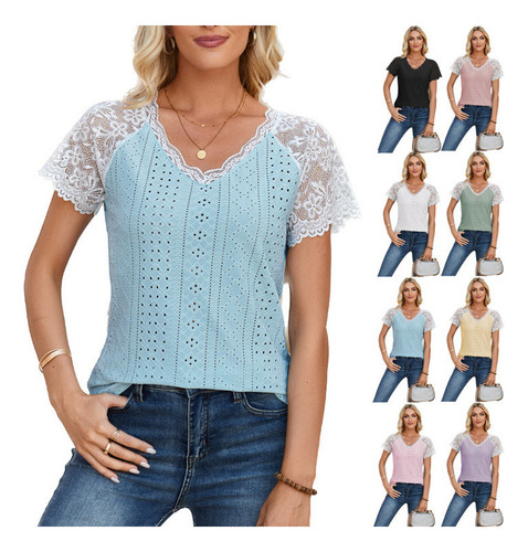 Camiseta Informal Con Cuello En V Y Panel Encaje Con Ojales