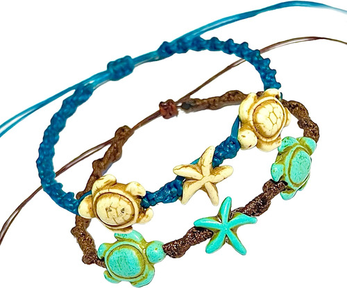 Pulsera O Tobillera Mar Blanco Tortuga-estrella En Azul Puls