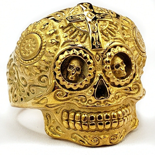 Anillo Calavera Mexicana Acero Inoxidable Hombre Mujer Dorad