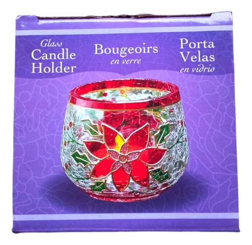 Porta Velas En Vidrio Tema Navideño Flor De Nochebuena