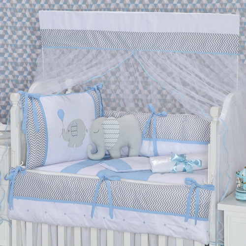 Kit Berço Americano Menino Elefantinho Azul Bebê 9 Peças