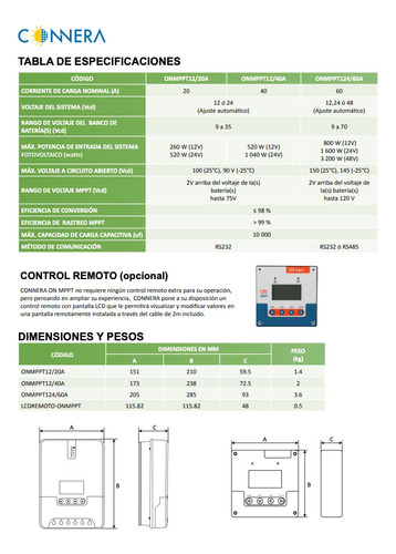 Controlador Carga Solar Connera Mppt 20 Amp Onmppt12/20a