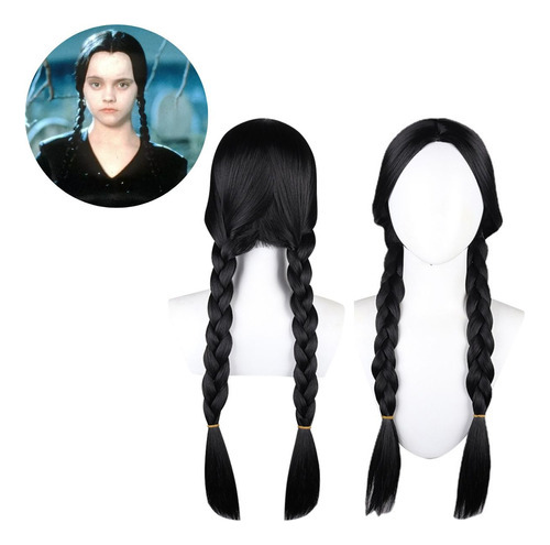 Peruca Wandinha Família Addams Cosplay Preta Festa Fantasia Tonalidade Preto