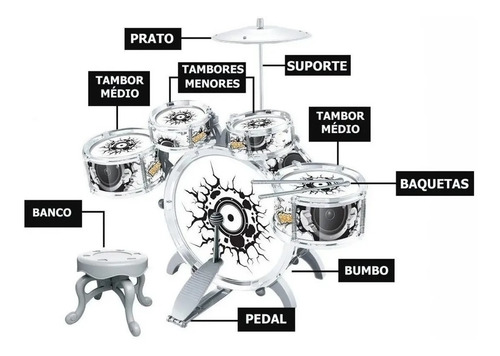 Bateria Musical Infantil Rock Com Banco, Pedal E Baqueta