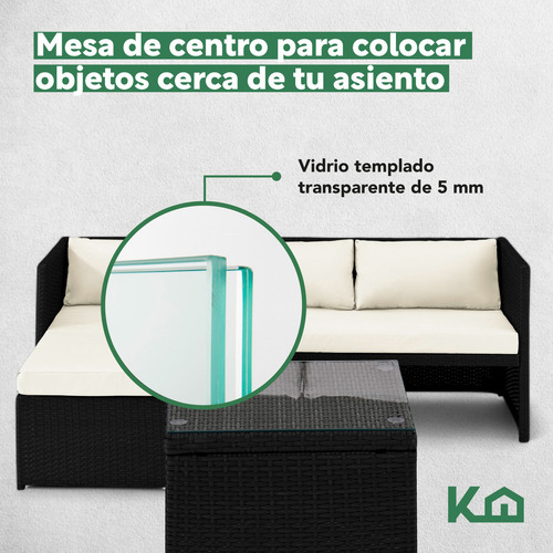 Sillas De Comedor Juego Sala Exterior Esquinera Derecha Beige Con Negro Mueble Ratán Con Mesa De Centro Con Vidrio Templado Resistente Al Agua Los Rayos Uv Para Patio, Terraza, Aire Libre