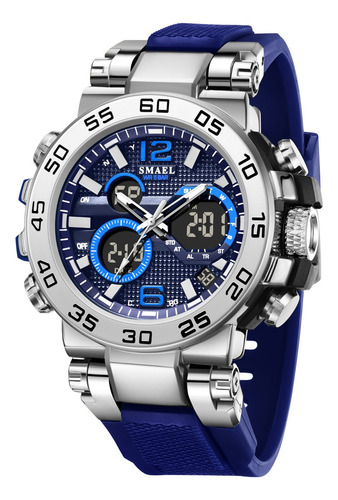 Reloj De Pulsera Digital Smael 8106 Para Hombre, Deportivo, Correa Azul Oscuro Bisel Plateado Fondo Azul Oscuro