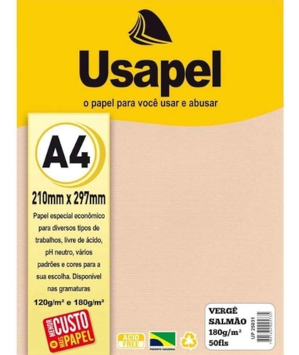 Papel Verge A4 180g Com 50 Folhas Cor Salmão - Usapel Cor Coral-claro