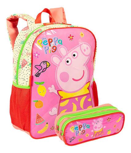 Mochila Costas Peppa Pig Escolar Com Estojo Duplo Cor Rosa