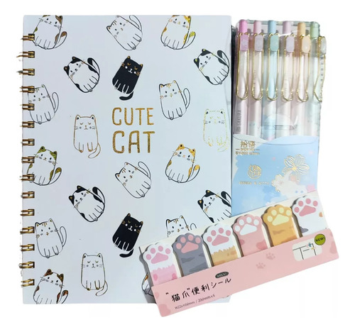 Set Libreta Gatito Gato Kawaii + 6 Lápices + Post It