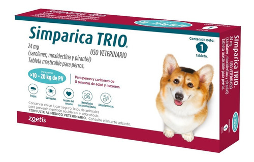 Simparica Trio 1 Tableta Para Perros 10 A 20 Kg