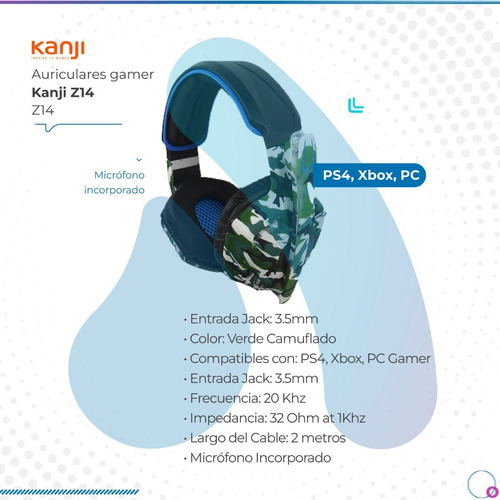 Imagen 2 de 8 de Auriculares Gamer Kanji Z14 Con Micrófono Camuflados