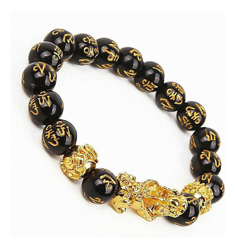 Pulsera Original Feng Shui Piedras Obsidiana Pixiu Oro