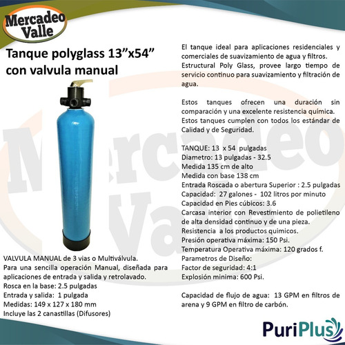 Imagen 2 de 4 de Tanque Polyglass 13 X 54 Pulgadas Valvula Manual Filtro Agua