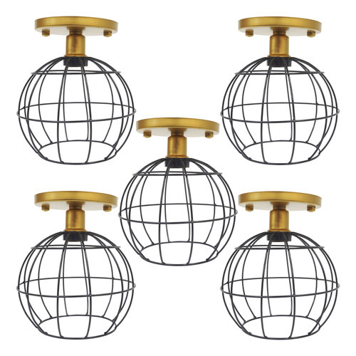 5 Lustres Plafon Aramado Industrial Globo Dourado/preto