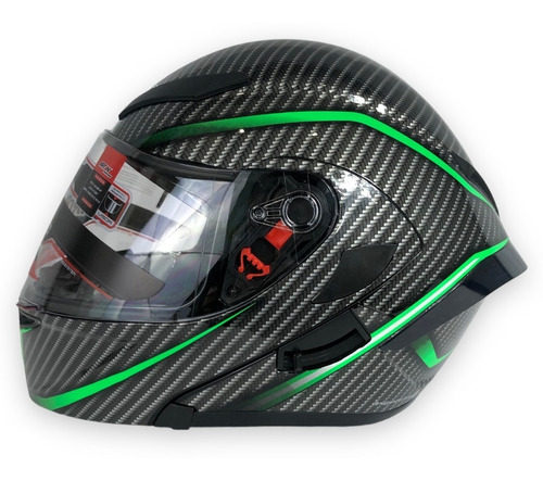 Casco Abatible Iron Racing Dot Fibra Carbon Verde Brillo