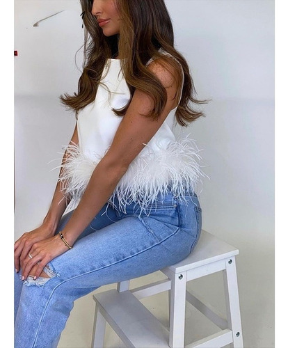 Top Corto Sin Mangas Plumas Mujer Camisetas Blancas