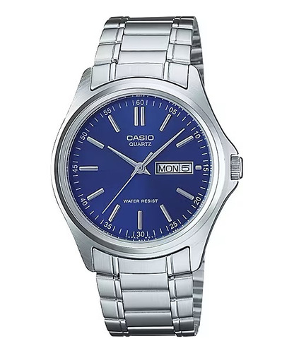 Reloj Casio Mtp-1239d-2a Correa Acero Fondo Azul Doble Fecha