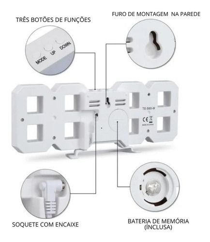 Reloj LED digital de escritorio y pared con alarma de fecha, color blanco/blanco
