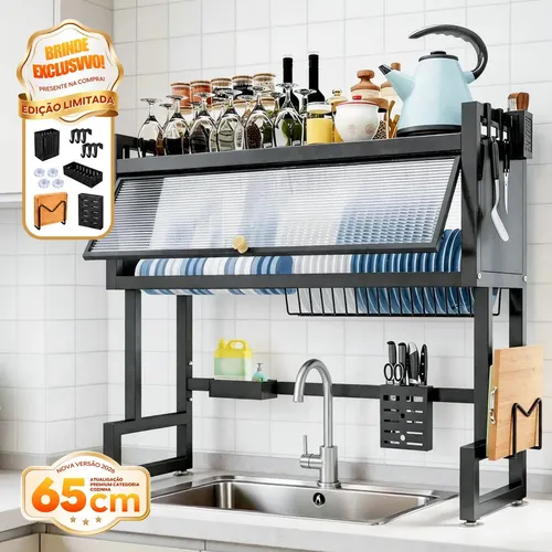 Escorredor de Louça para Pia NEXMIDIO 65 cm com 2 Andares, Porta-Talheres e Porta-Copos em Ferro Preto