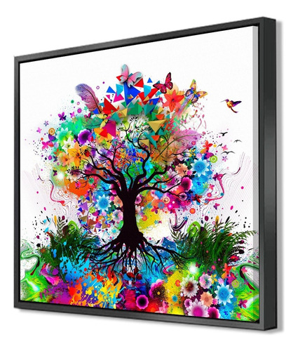 Cuadro Canvas Con Marco Flotante Arbol Acuarela Moderno Alta Calidad Lienzo Canvas De Algodón No Sintético Color Multicolor Armazón Negro