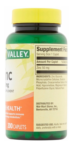 Zinc 50mg Spring Valley - 200 Caps - Unidad a $350
