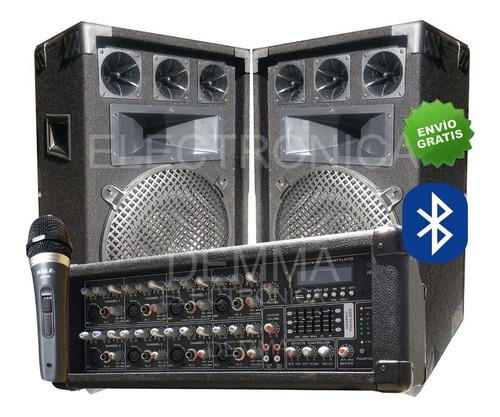 Combo Consola Potenciada C/bluetooth +2 Bafles 12 200w + Mic