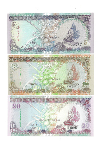 3 Billetes: Islas Maldivas 2000/2008 ¡unicos!