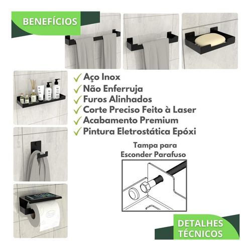 Kit Acessórios Para Banheiro Preto Fosco 6 Peças ELG