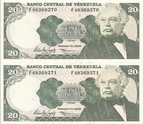 Imagen 1 de 3 de 2 Billetes Consecutivos 20 Bolívares 10-02-98 S/f48369270/71