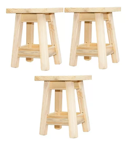 X3 Bancos Taburete Silla De Madera Pino Natural Bajo Niños