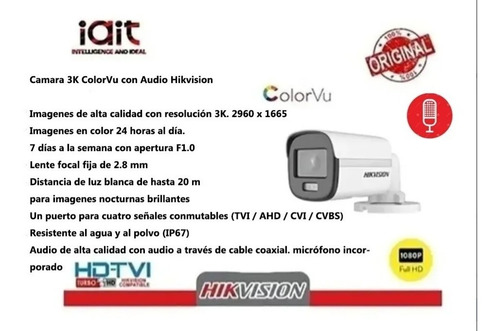 Imagen 2 de 5 de Kit Hikvision 8 Camara Noturno Color Vu Audio 1080p 1tb