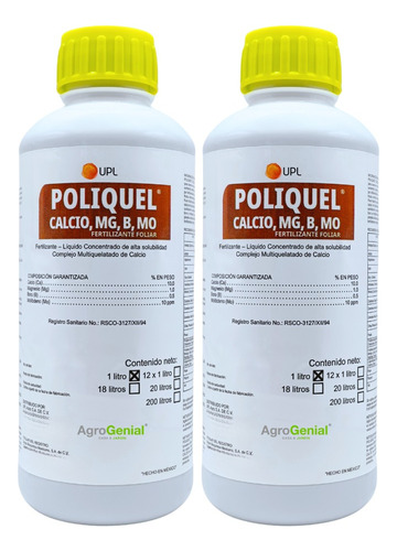 2 L Poliquel Calcio Nutriente Foliar Magnesio Boro Mo Arysta