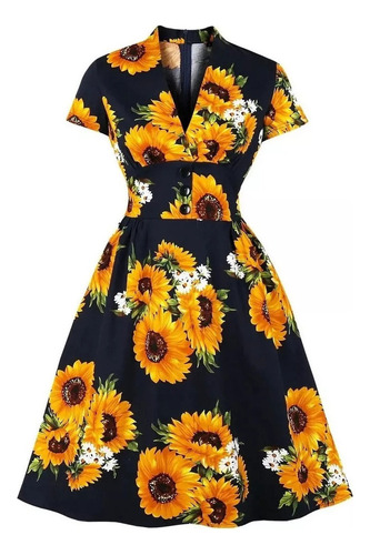 Elegante Vestido Con Cuello En V, Diseño De Girasoles[u]