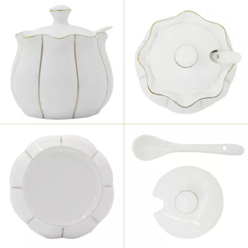 Azucarero de cerámica, azucarero de porcelana moderna Kitchenexus con tapa  transparente y cuchara de 8.8 onzas líquidas en forma de tejido blanco