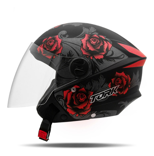 Capacete Aberto Feminino Masculino Moto Pro Tork New Liberty Three Flowers Fosco Preto E Vermelho Tamanho 60 