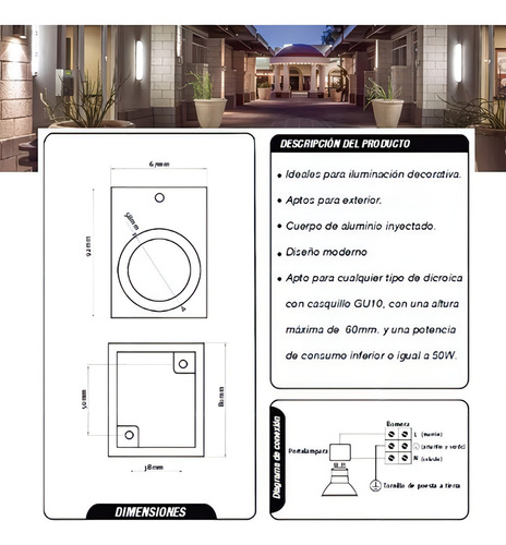 Aplique Unidireccional Recto Aluminio Exterior Gu10 Gris