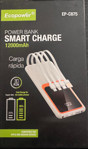 Cargador Portátil Power Bank Carga Turbo C/cables 12000mah Blanco
