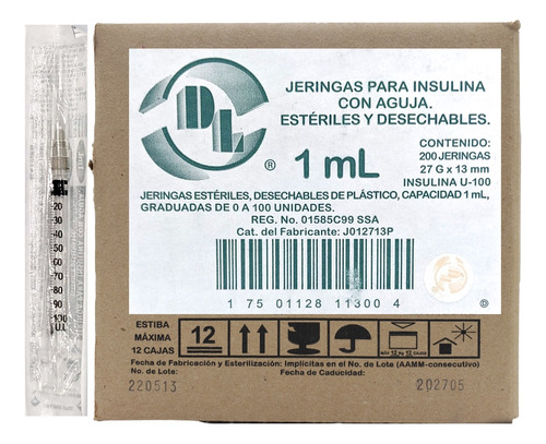 Jeringas Para Insulina 1ml Con Aguja 27x13 Caja Con 200
