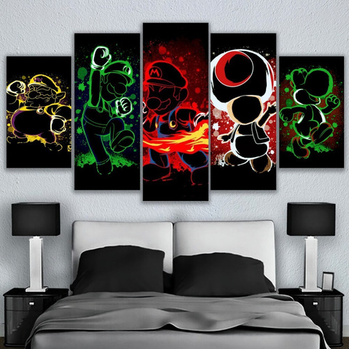 5 Cuadros Decorativos Mario Bros Neon Personajes Gaming Art 