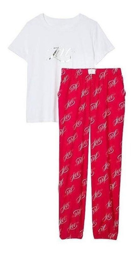 Pijama Largo Mujer Franela Rojo Blanco Talla S