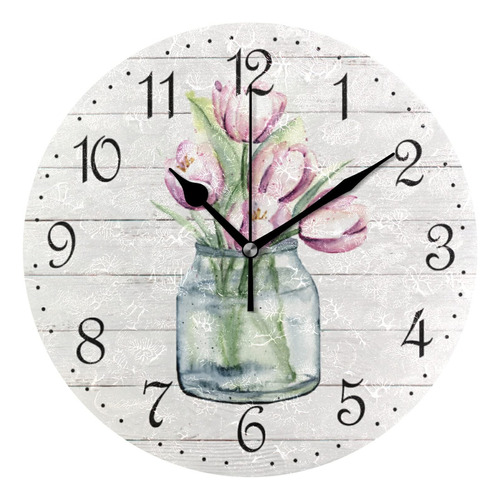 Reloj De Pared Retro Rstico Con Tulipn Silencioso Y Sin Tict