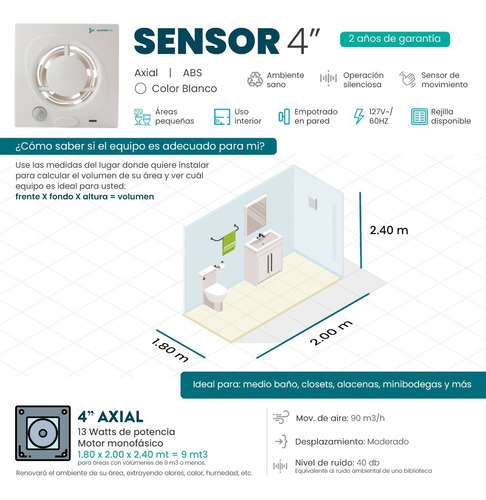 Imagen 3 de 6 de Extractor De Aire Con Sensor 4 Pulgadas Blanco Masterfan