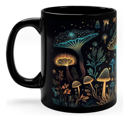 Taza De Café Negra Fungi, Novedosa, Bonita Y Bioluminiscente