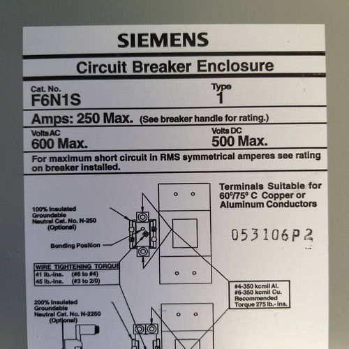 Caja Para Disyuntores F6n1s Siemens 225 Amp 600 V (Usado)