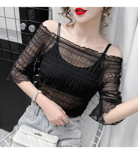 Blusa Crop Top De Malla Fruncida Manga Corta Mujer Lb201