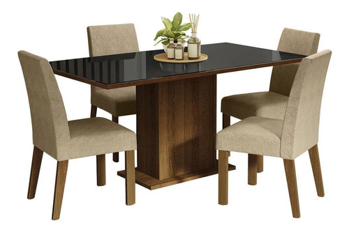 Mesa de comedor con tapa de cristal, 4 sillas Avril Madesa Rpi, color rústico/negro/imperial, silla con diseño de tela lisa