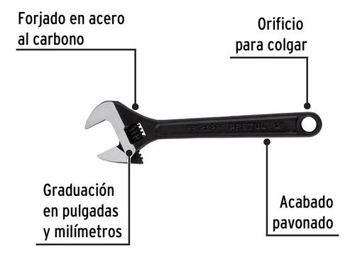 Llave Perico 12´ Acero Pavonado Ajustable Profesional 21825