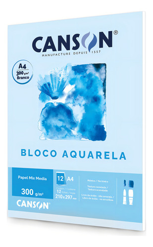 Bloco De Papel Canson Aquarela Mix Media 300g A4 12 Folhas