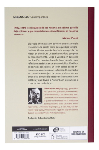 La muerte en Venecia, de Mann, Thomas. Contemporánea Editorial Debolsillo, tapa blanda en español, 2020