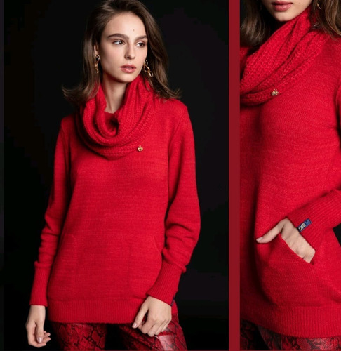 Imagem 3 de 3 de Tricot Amplo Com Bolsos E Gola Avulsa Vermelho Abenção
